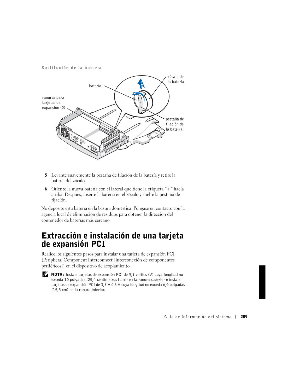 Dell PDX manual Extracción e instalación de una tarjeta de expansión PCI, S t i t u c i ó n d e l a b a t e r í a 