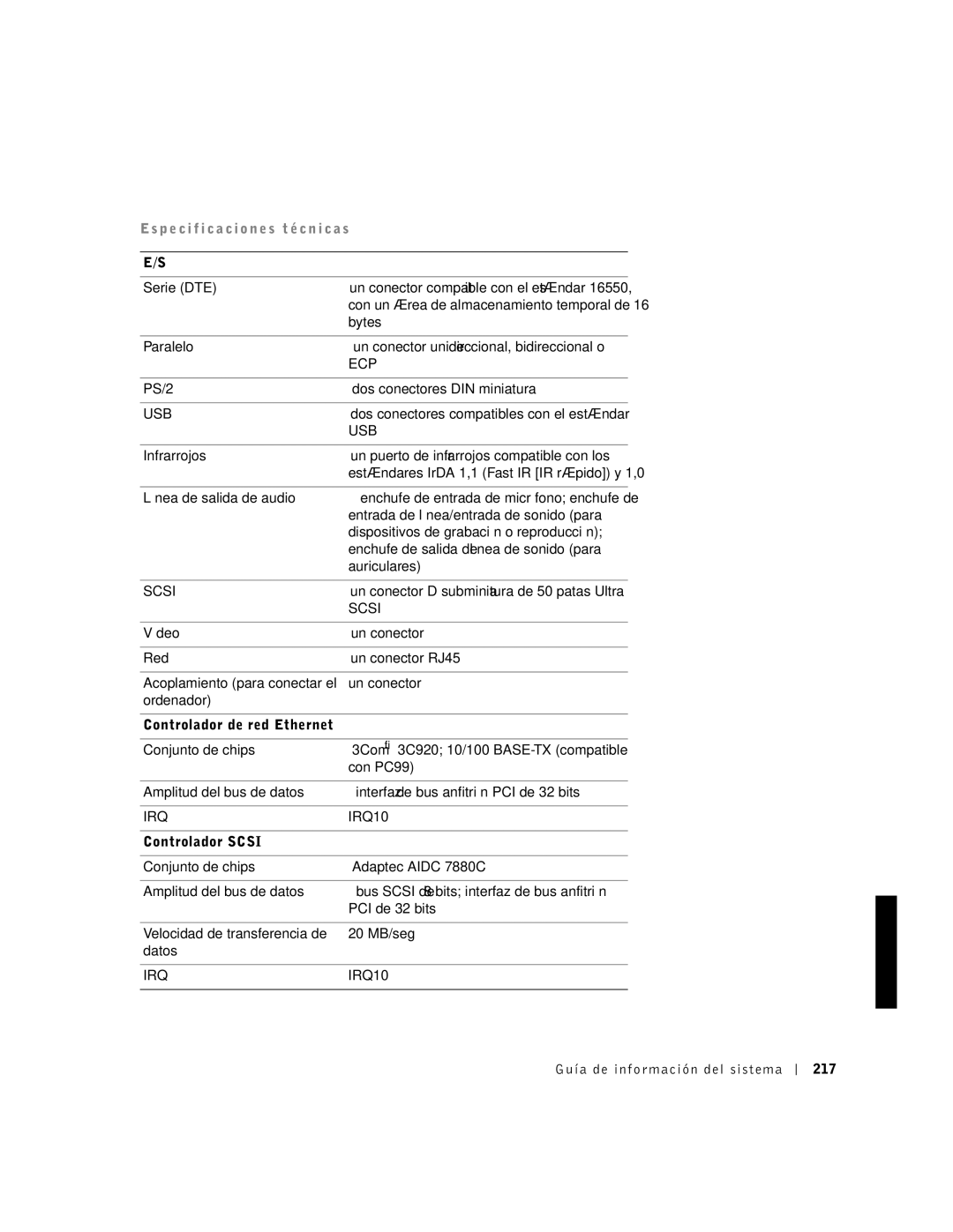 Dell PDX manual Guía de información del sistema 217 