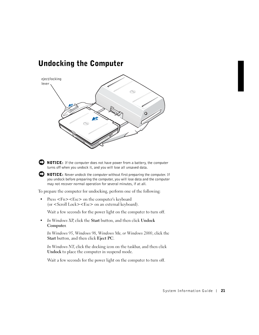 Dell PDX manual Undocking the Computer 