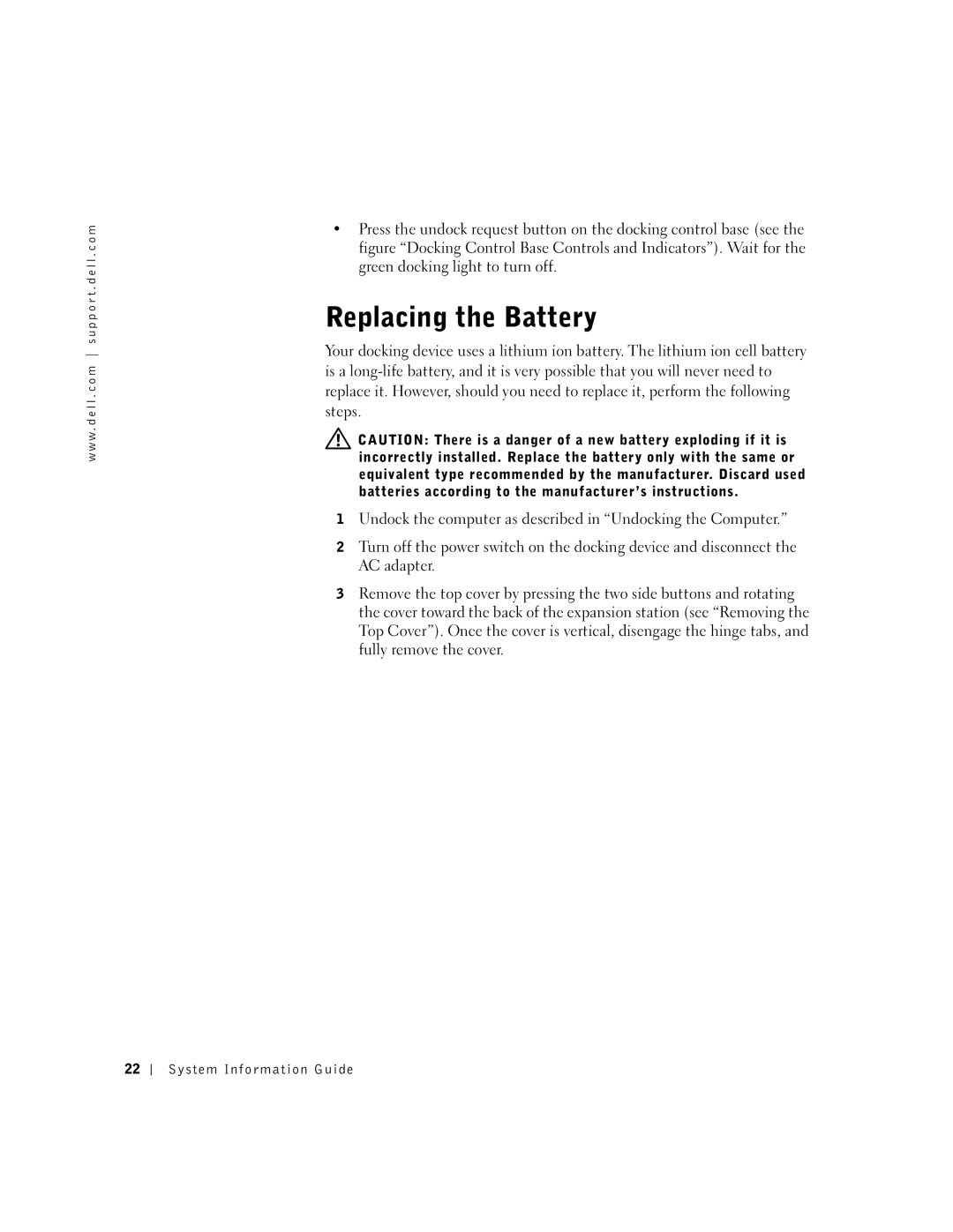 Dell PDX manual Replacing the Battery 