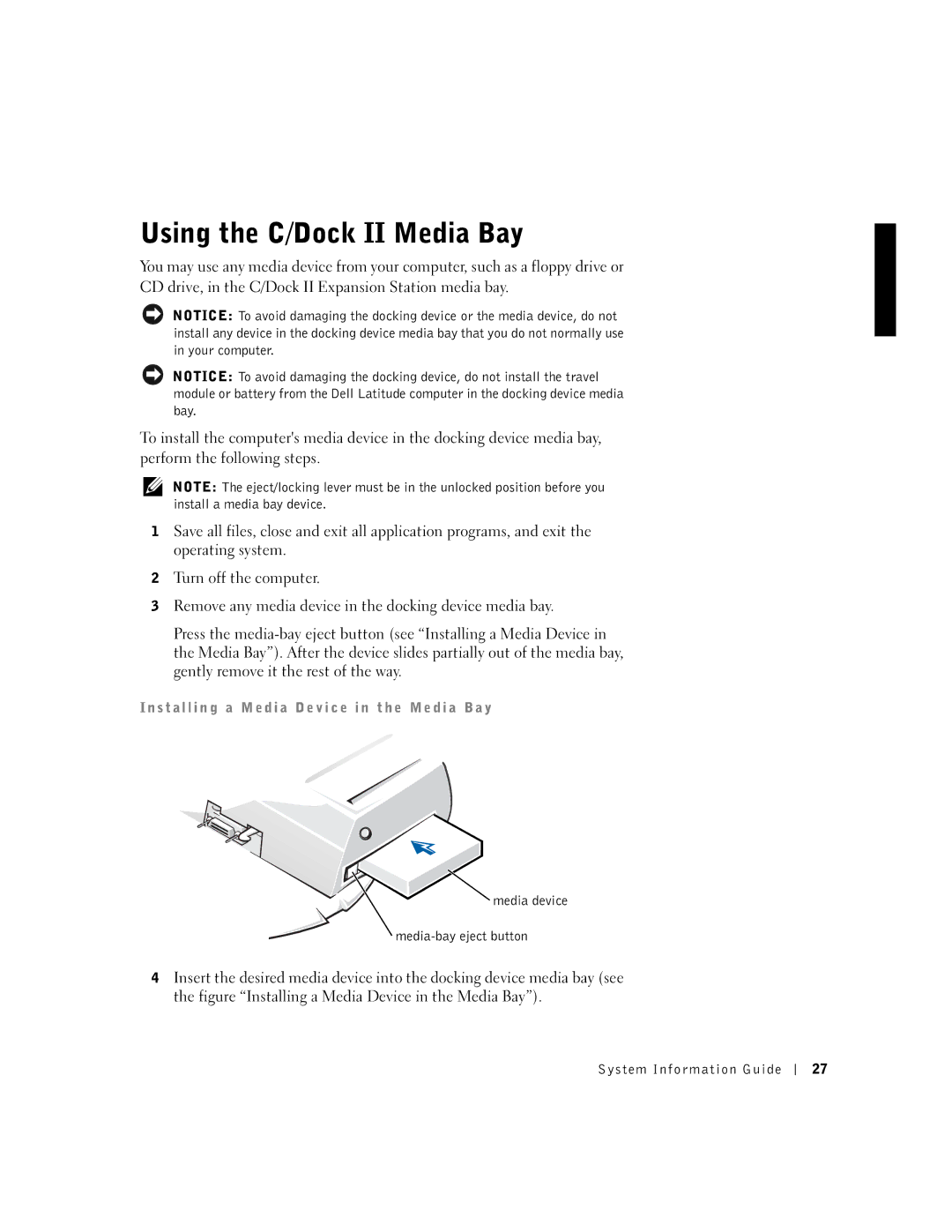 Dell PDX manual Using the C/Dock II Media Bay 