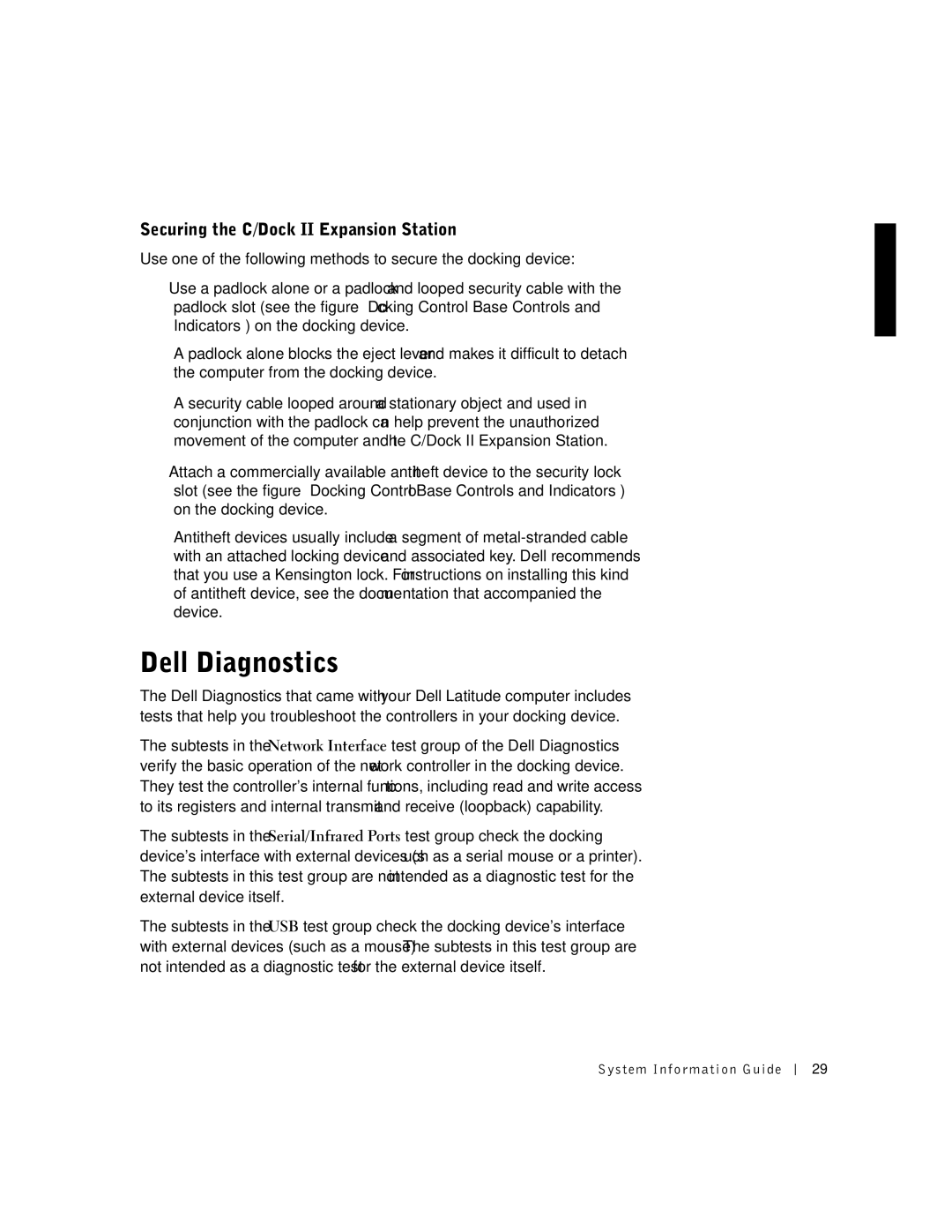 Dell PDX manual Dell Diagnostics, Securing the C/Dock II Expansion Station 
