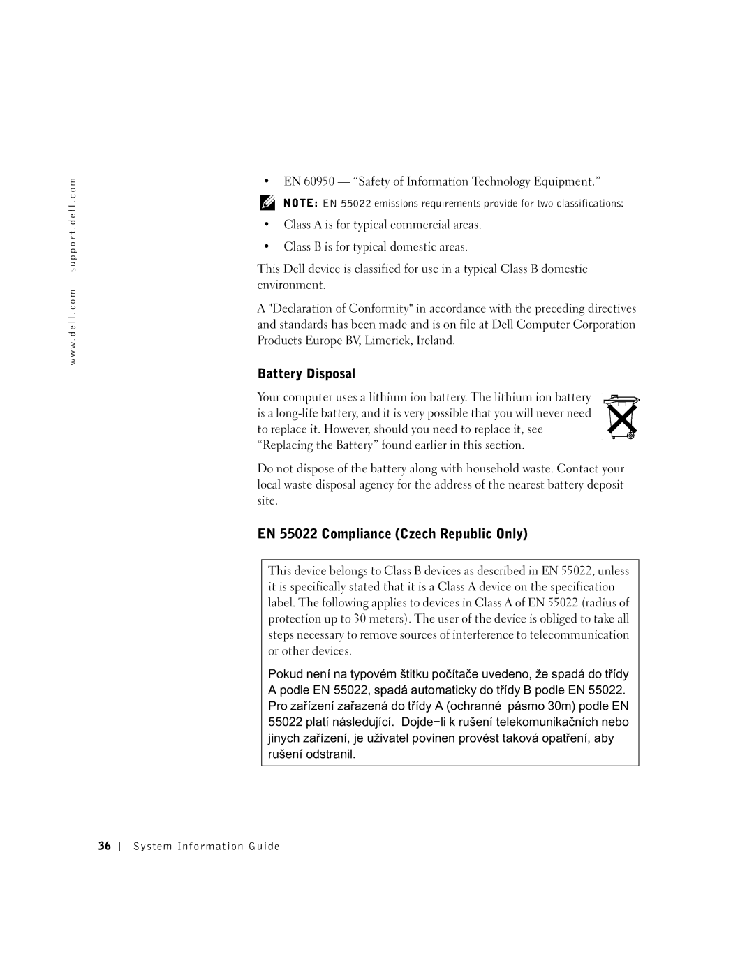 Dell PDX manual Battery Disposal, EN 55022 Compliance Czech Republic Only 