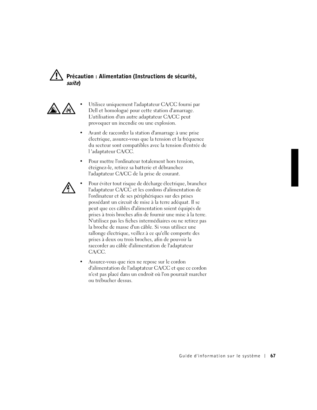 Dell PDX manual Précaution Alimentation Instructions de sécurité, suite 