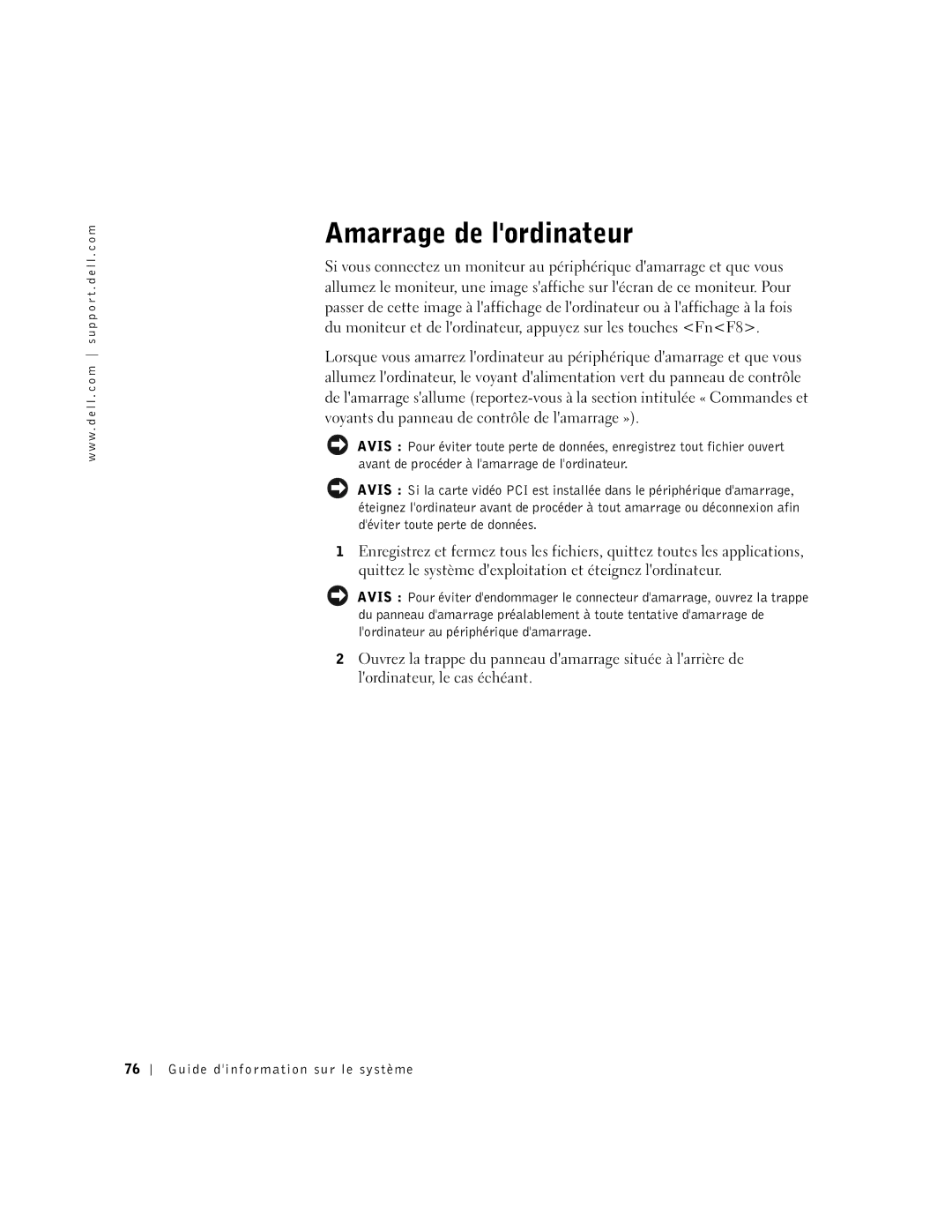 Dell PDX manual Amarrage de lordinateur 