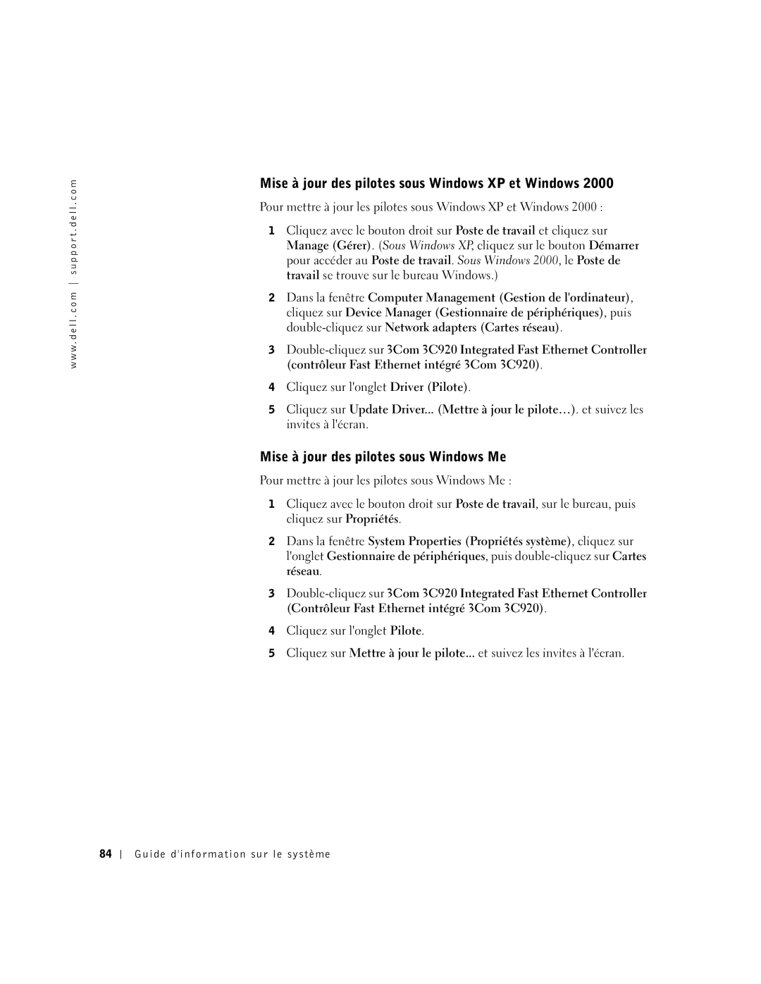 Dell PDX manual Mise à jour des pilotes sous Windows XP et Windows, Mise à jour des pilotes sous Windows Me 