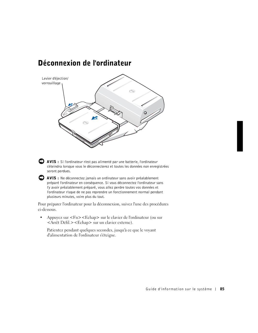 Dell PDX manual Déconnexion de lordinateur 