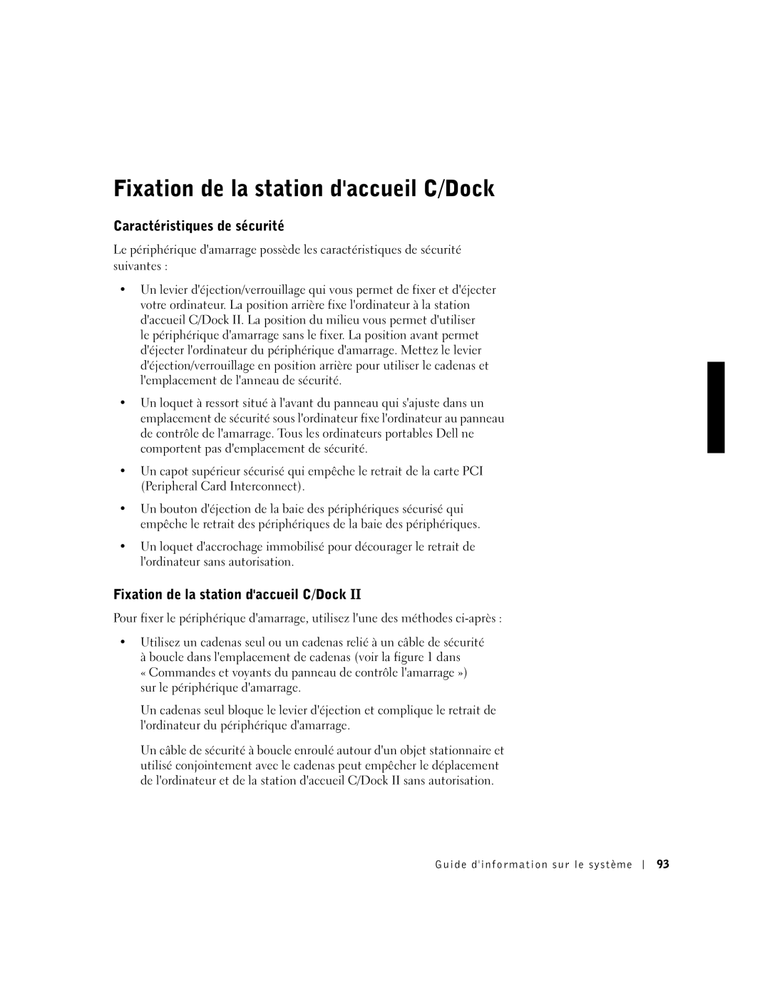 Dell PDX manual Fixation de la station daccueil C/Dock, Caractéristiques de sécurité 