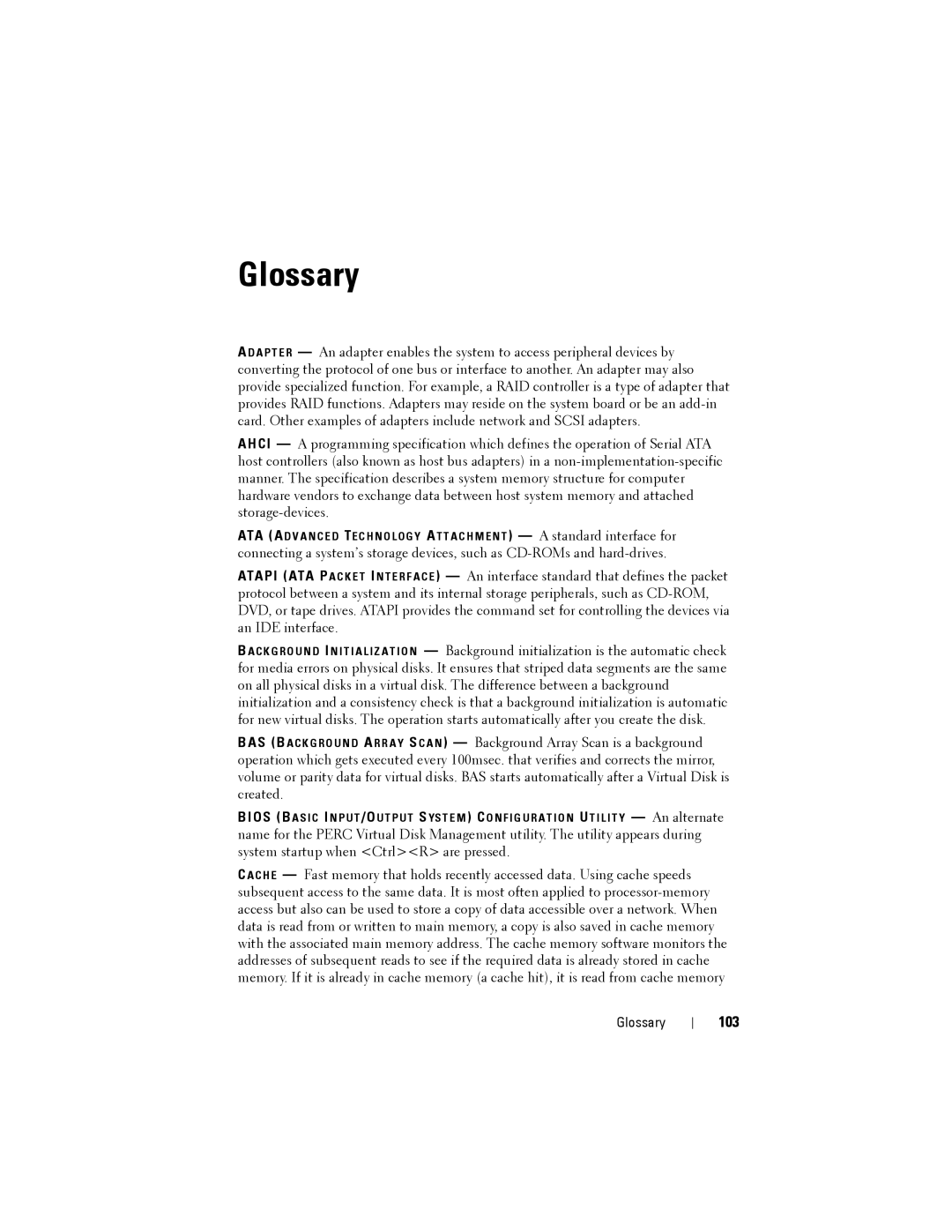 Dell PERC S300, (PERC) S100 manual Glossary, 103 