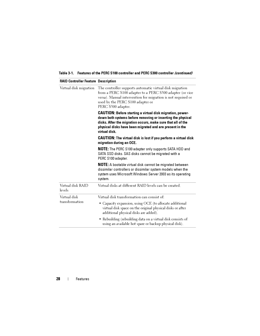 Dell (PERC) S100, PERC S300 manual Virtual disk, Migration during an OCE 