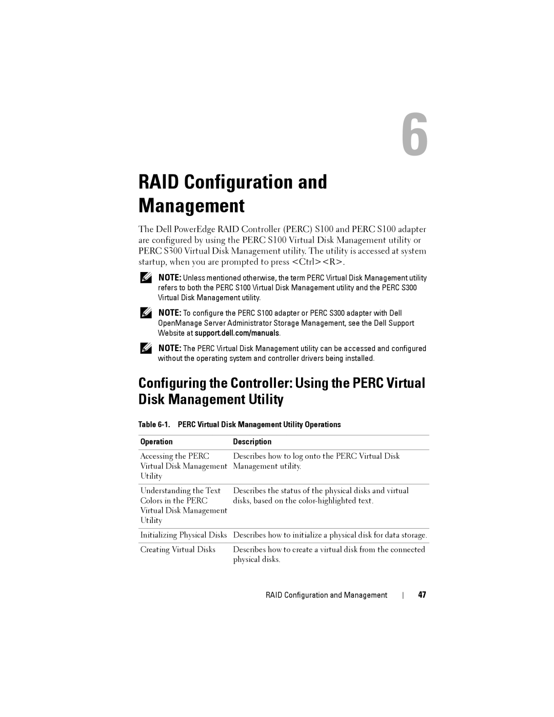 Dell PERC S300, (PERC) S100 RAID Configuration Management, Perc Virtual Disk Management Utility Operations Description 