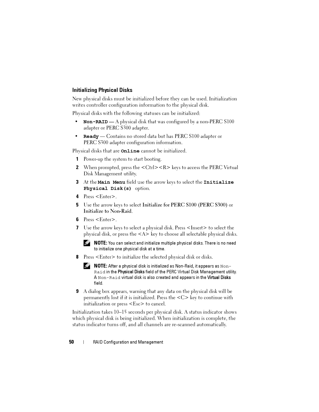 Dell (PERC) S100, PERC S300 manual Initializing Physical Disks 