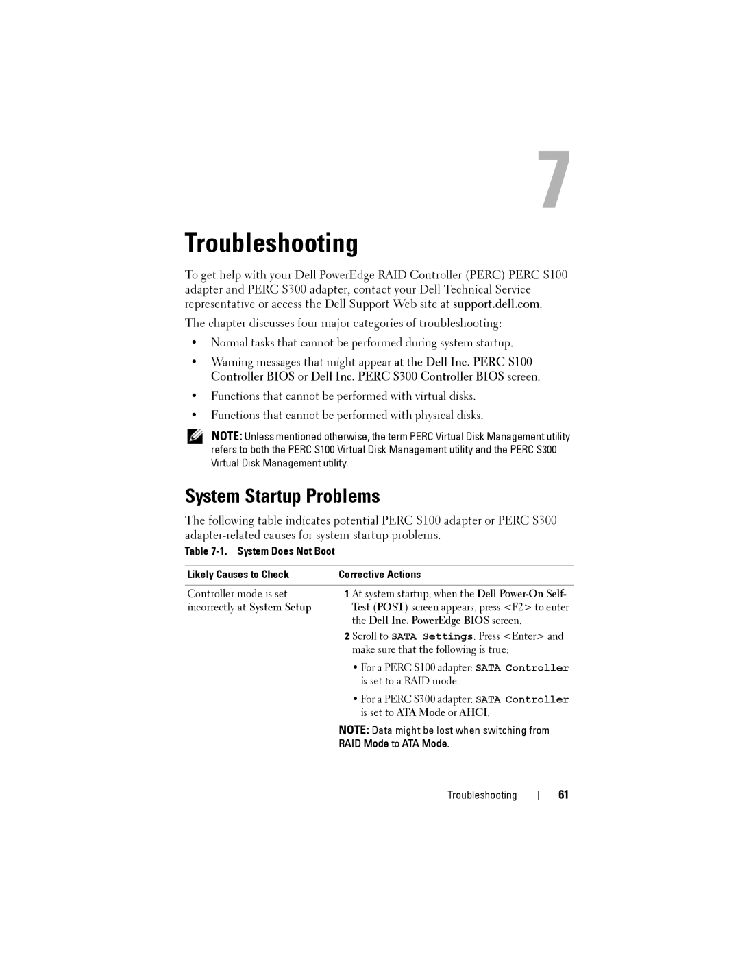 Dell PERC S300, (PERC) S100 manual Troubleshooting, System Startup Problems, RAID Mode to ATA Mode 