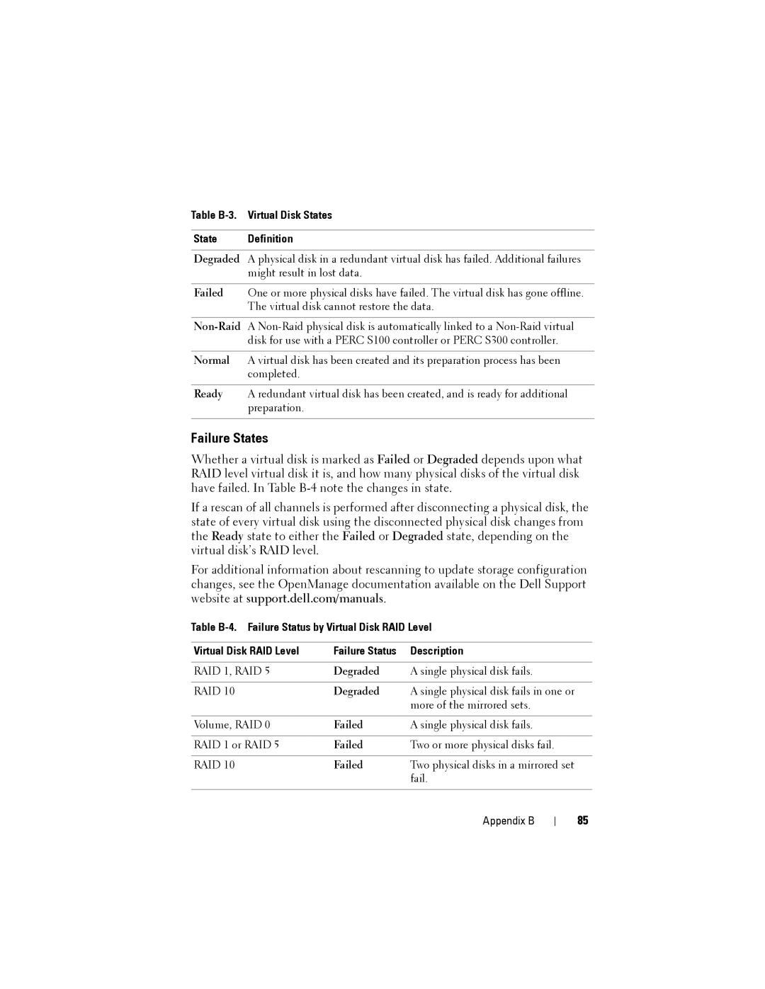 Dell PERC S300, (PERC) S100 manual Failure States, Table B-3. Virtual Disk States State Definition 