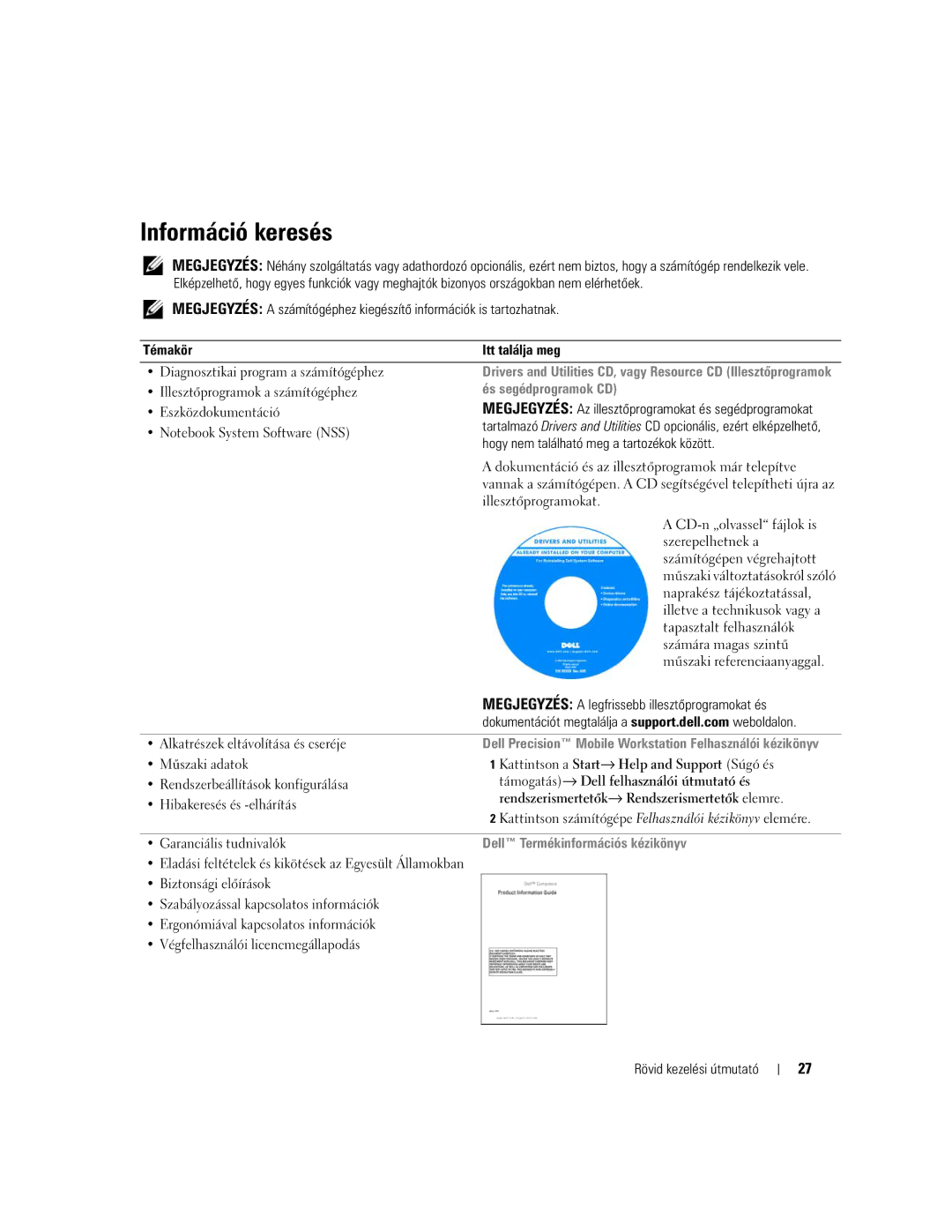 Dell PH331 Információ keresés, Hogy nem található meg a tartozékok között, Megjegyzés a legfrissebb illesztőprogramokat és 