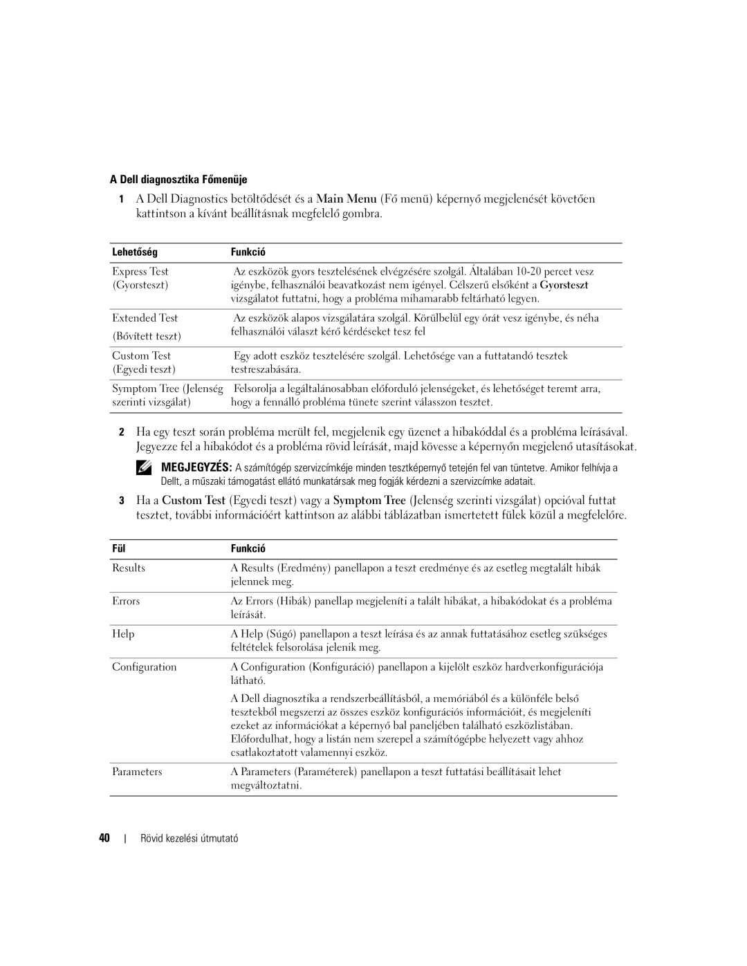 Dell PH331 manual Dell diagnosztika Főmenüje, Lehetőség Funkció 