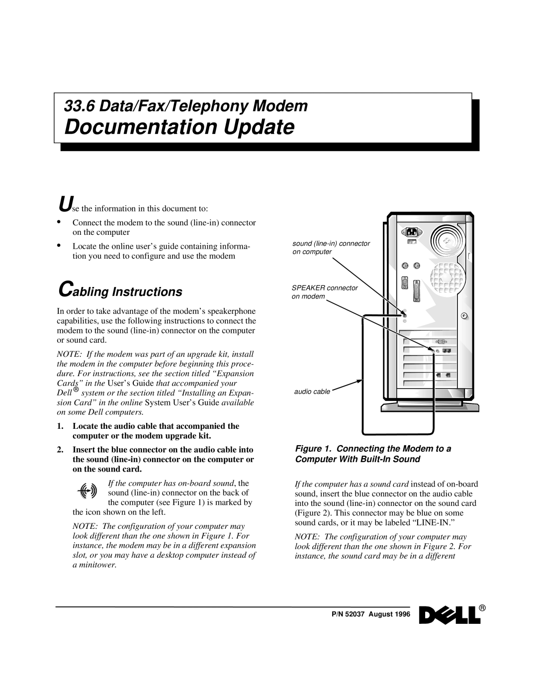 Dell P/N 52037 manual Cabling Instructions, Connecting the Modem to a Computer With Built-In Sound, Documentation Update 