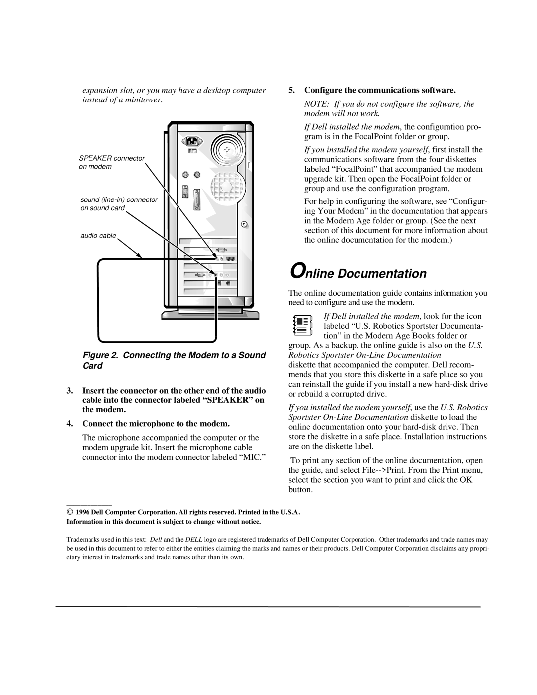 Dell P/N 52037 manual Online Documentation, Connecting the Modem to a Sound Card, Connect the microphone to the modem 