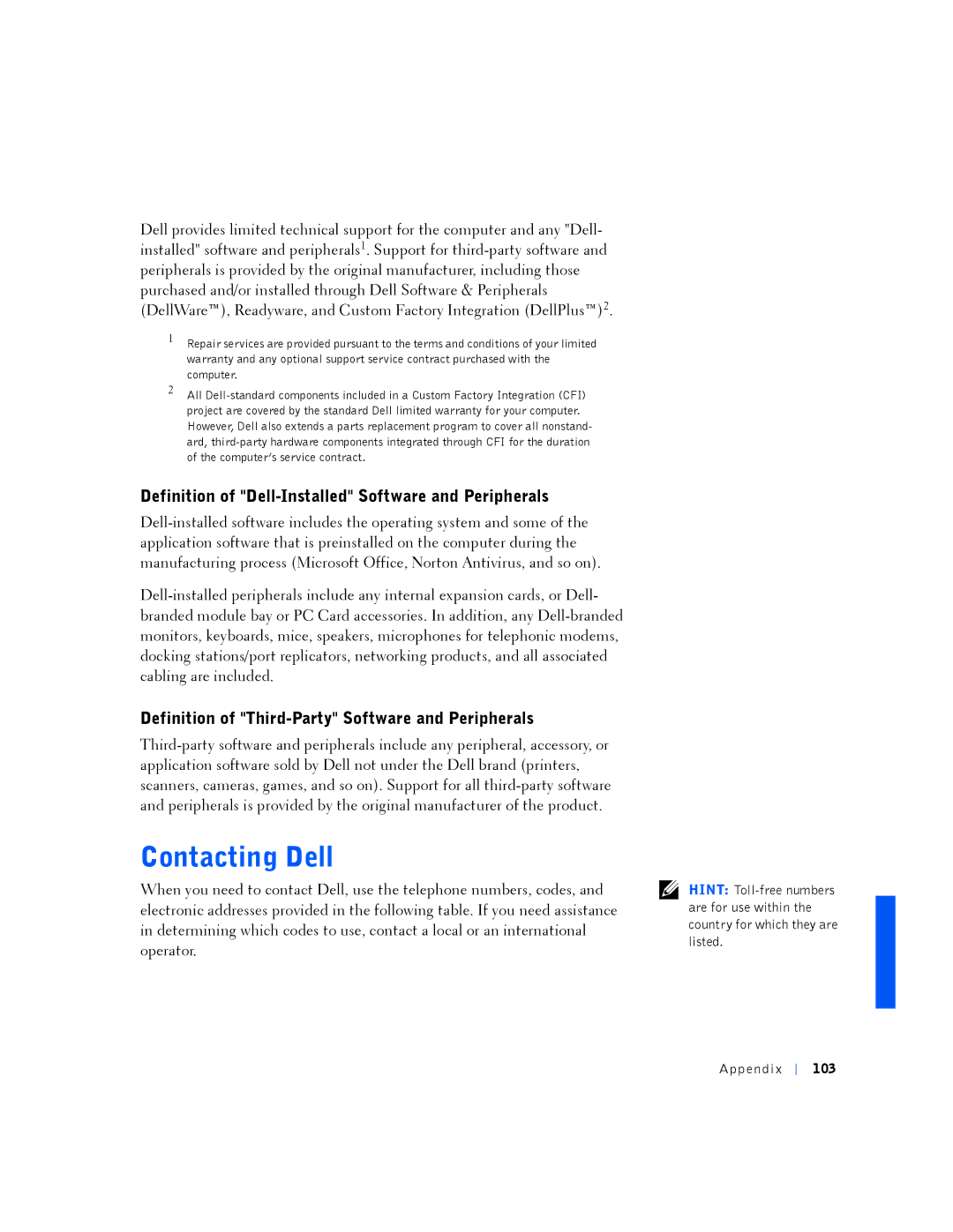 Dell PP01L manual Contacting Dell, Definition of Dell-Installed Software and Peripherals 