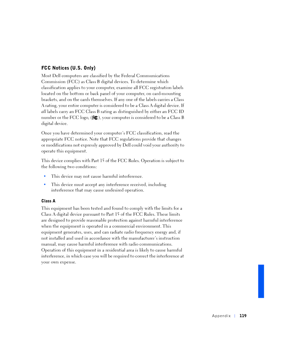 Dell PP01L manual FCC Notices U.S. Only, Class a Ppe ndix 119 