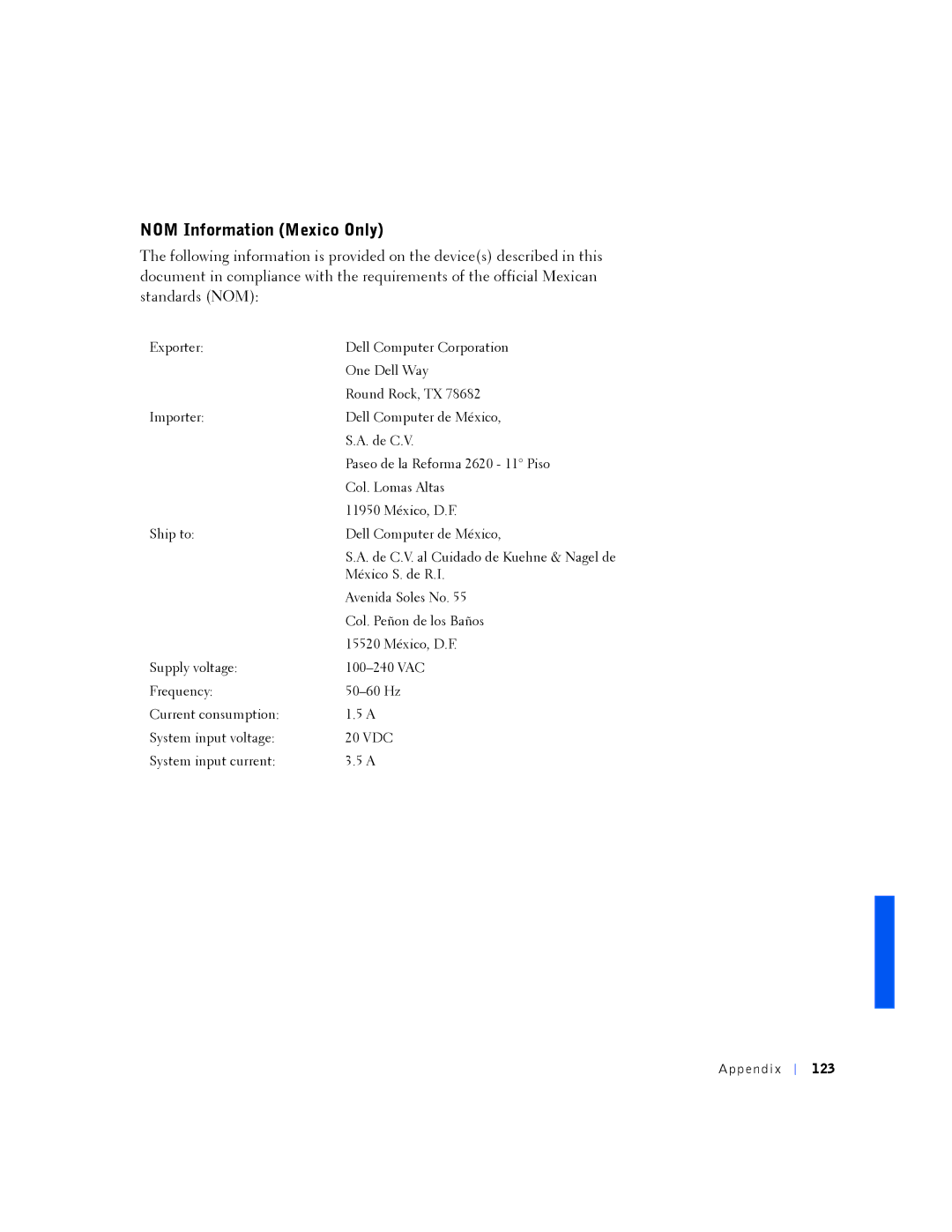 Dell PP01L manual NOM Information Mexico Only, Ppe ndix 123 