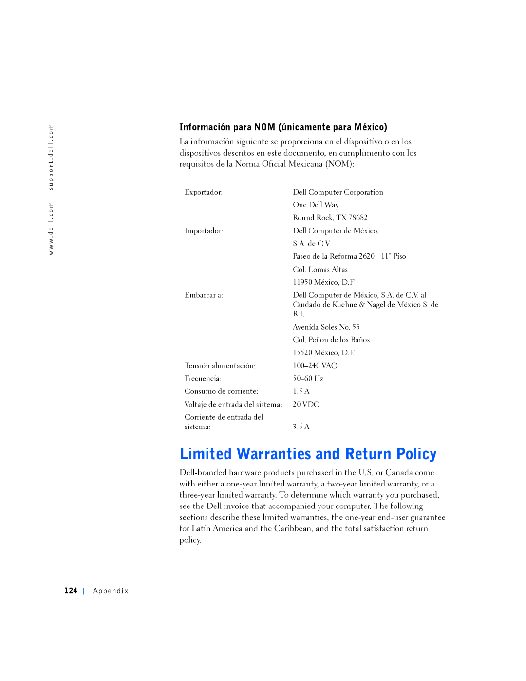 Dell PP01L manual Limited Warranties and Return Policy, Información para NOM únicamente para México, Ap pe nd i 