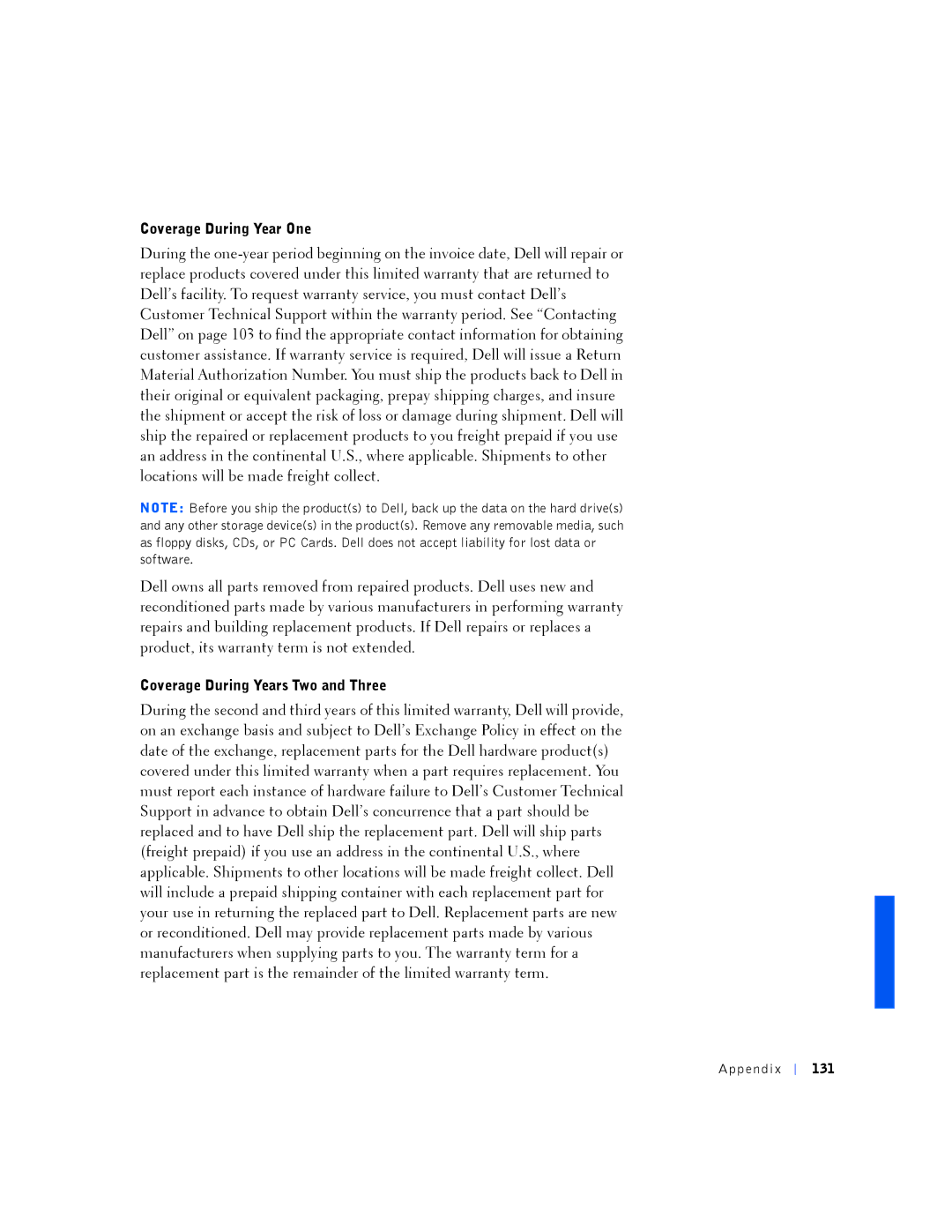 Dell PP01L manual Coverage During Year One, Coverage During Years Two and Three, Ppe ndix 131 