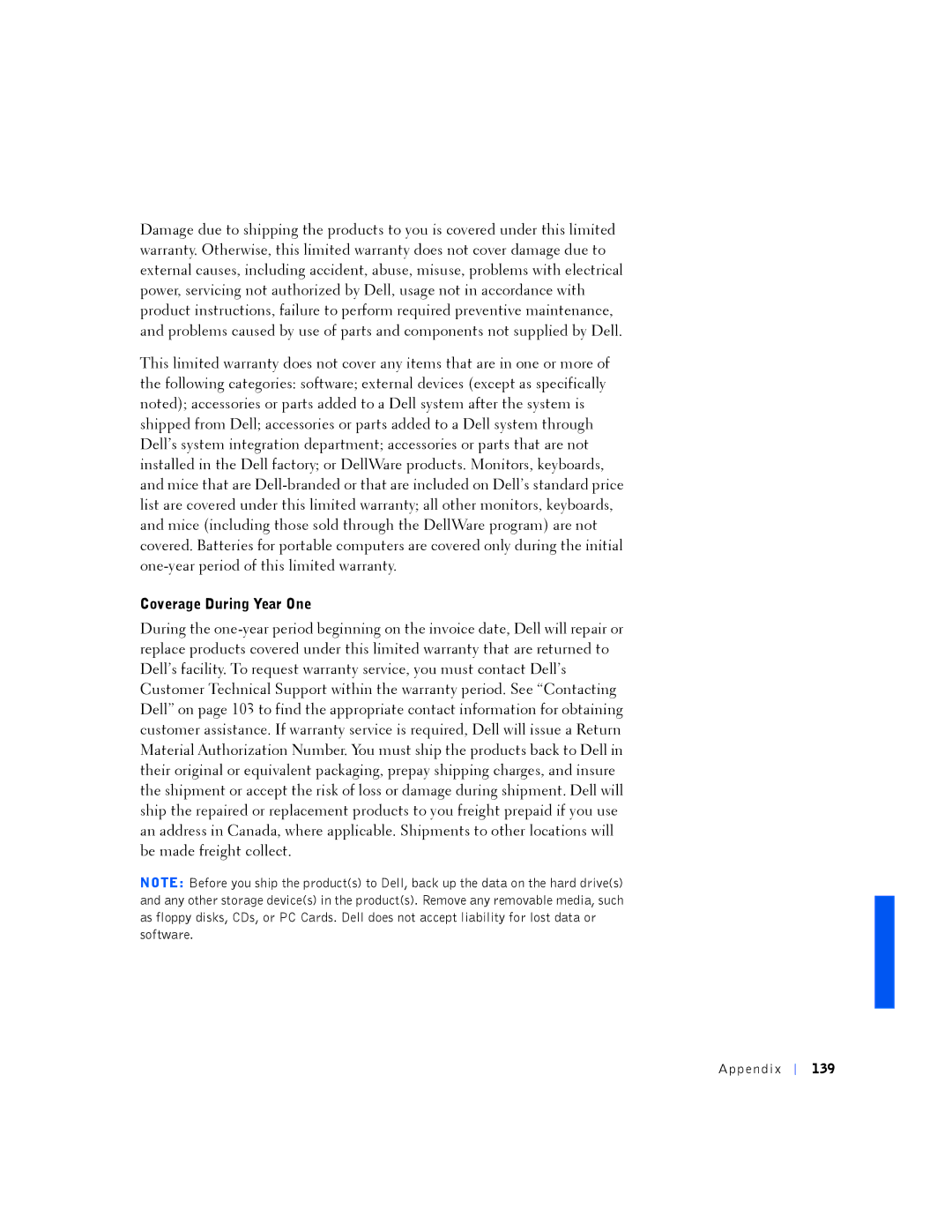 Dell PP01L manual Coverage During Year One, Ppe ndix 139 