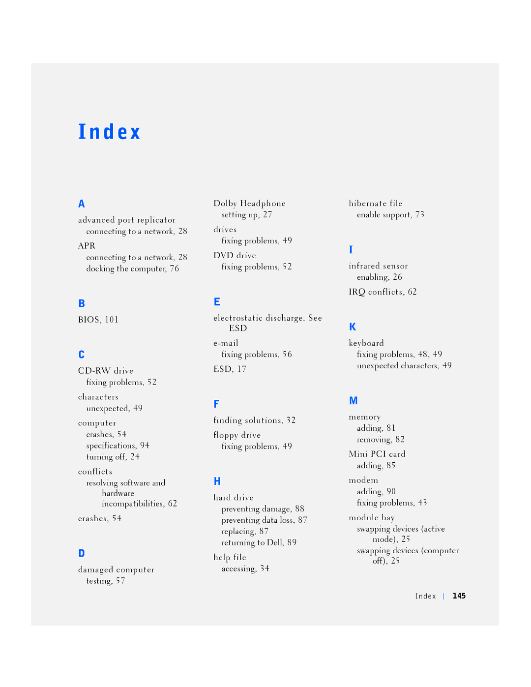 Dell PP01L manual D e, Inde 145 