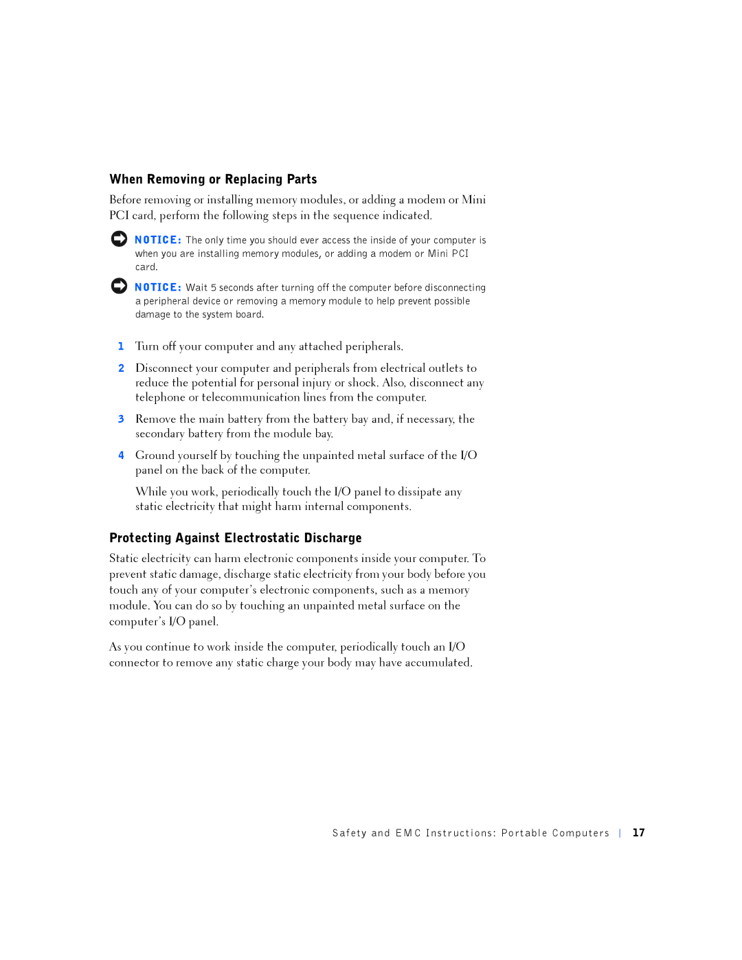 Dell PP01L manual When Removing or Replacing Parts, Protecting Against Electrostatic Discharge 