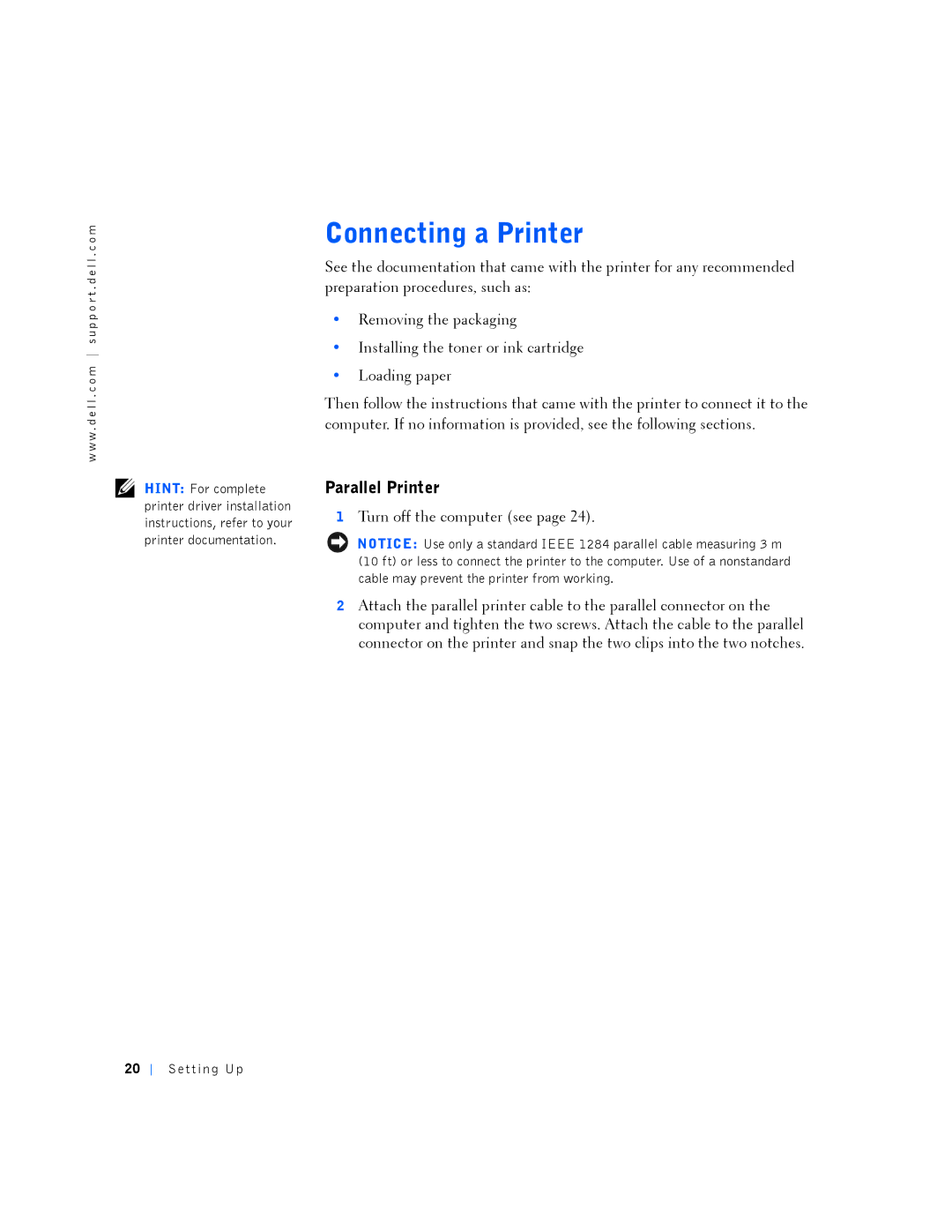 Dell PP01L manual Connecting a Printer, Parallel Printer, Se tting Up 