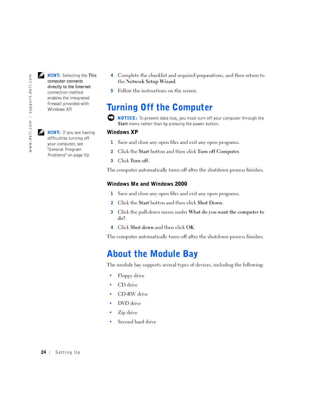 Dell PP01L manual Turning Off the Computer, About the Module Bay, Windows XP, Windows Me and Windows 