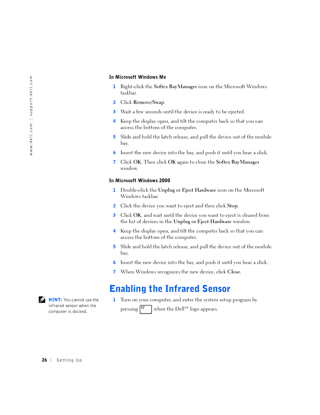 Dell PP01L manual Enabling the Infrared Sensor, Microsoft Windows Me 