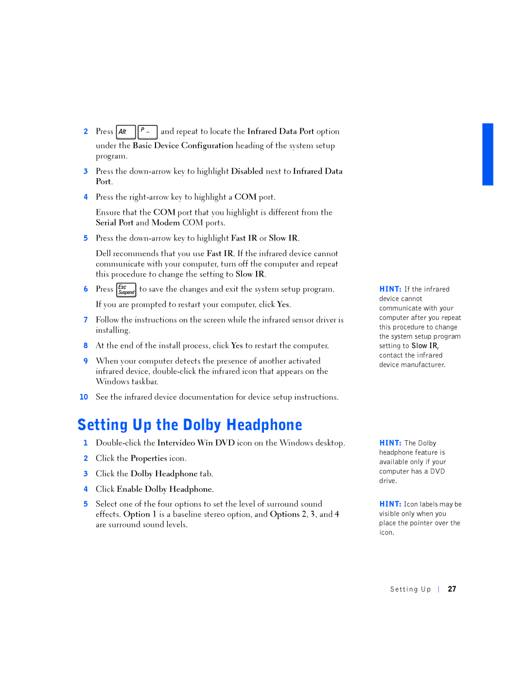 Dell PP01L manual Setting Up the Dolby Headphone 