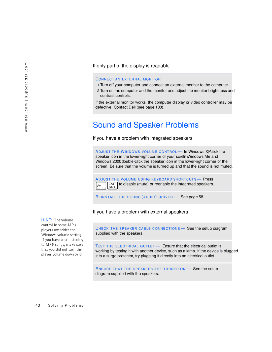 Dell PP01L manual Sound and Speaker Problems, If only part of the display is readable 