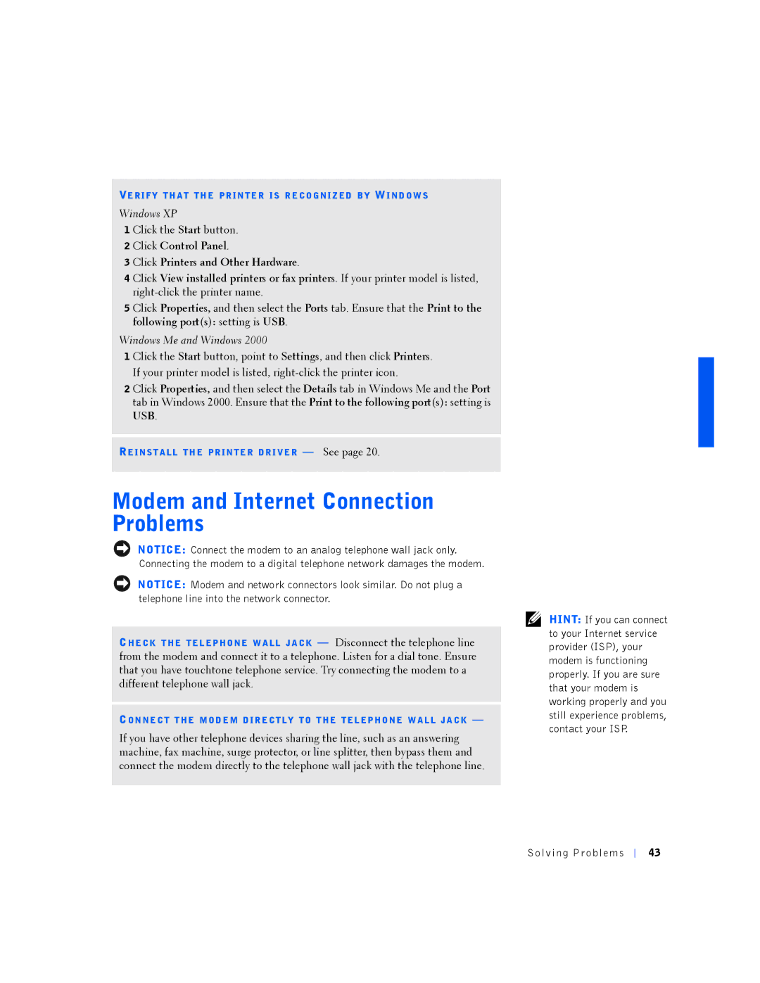 Dell PP01L manual Modem and Internet Connection Problems 