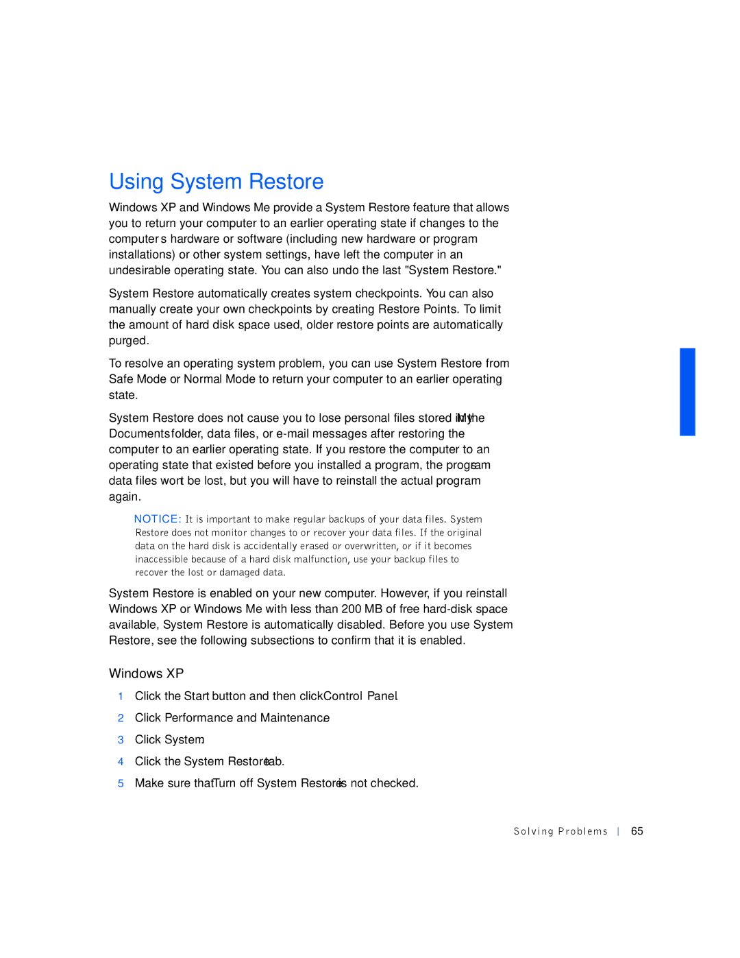 Dell PP01L manual Using System Restore, Windows XP 