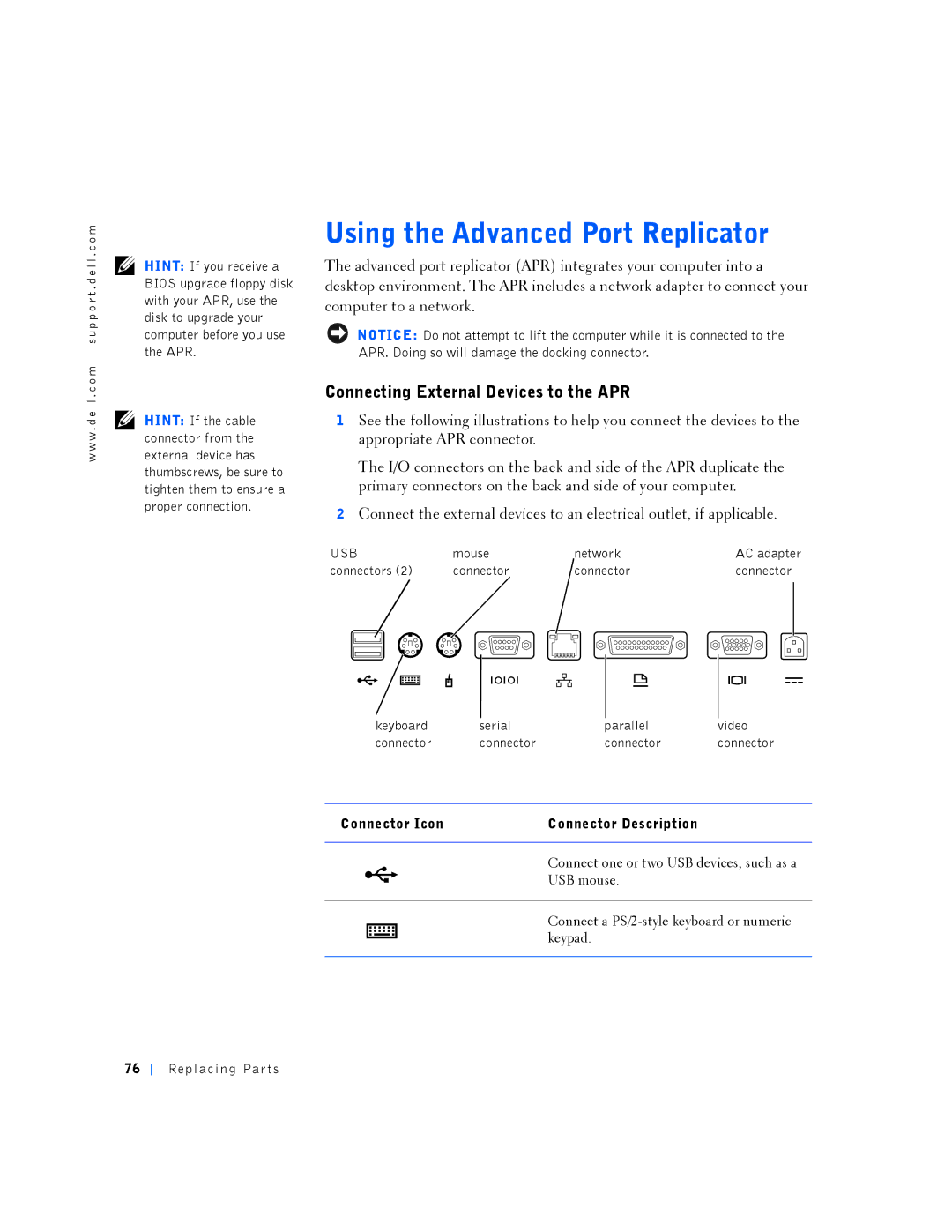 Dell PP01L manual Using the Advanced Port Replicator, Connecting External Devices to the APR 