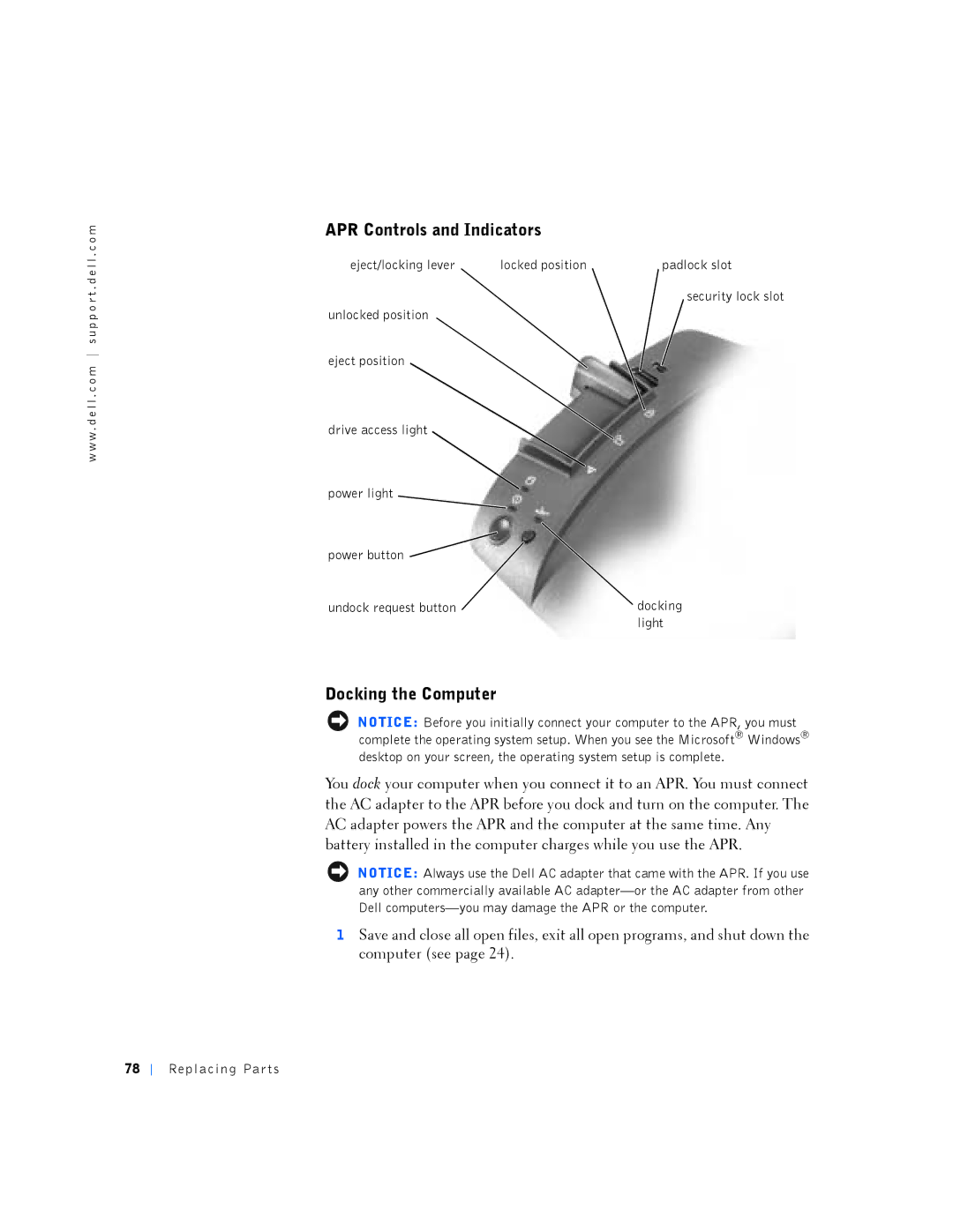 Dell PP01L manual APR Controls and Indicators, Docking the Computer, Eject/locking lever Locked position, Light 