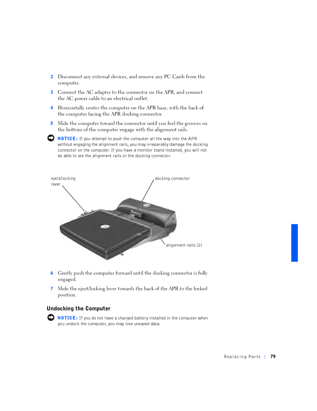 Dell PP01L manual Undocking the Computer, Eject/locking, Lever Alignment rails 