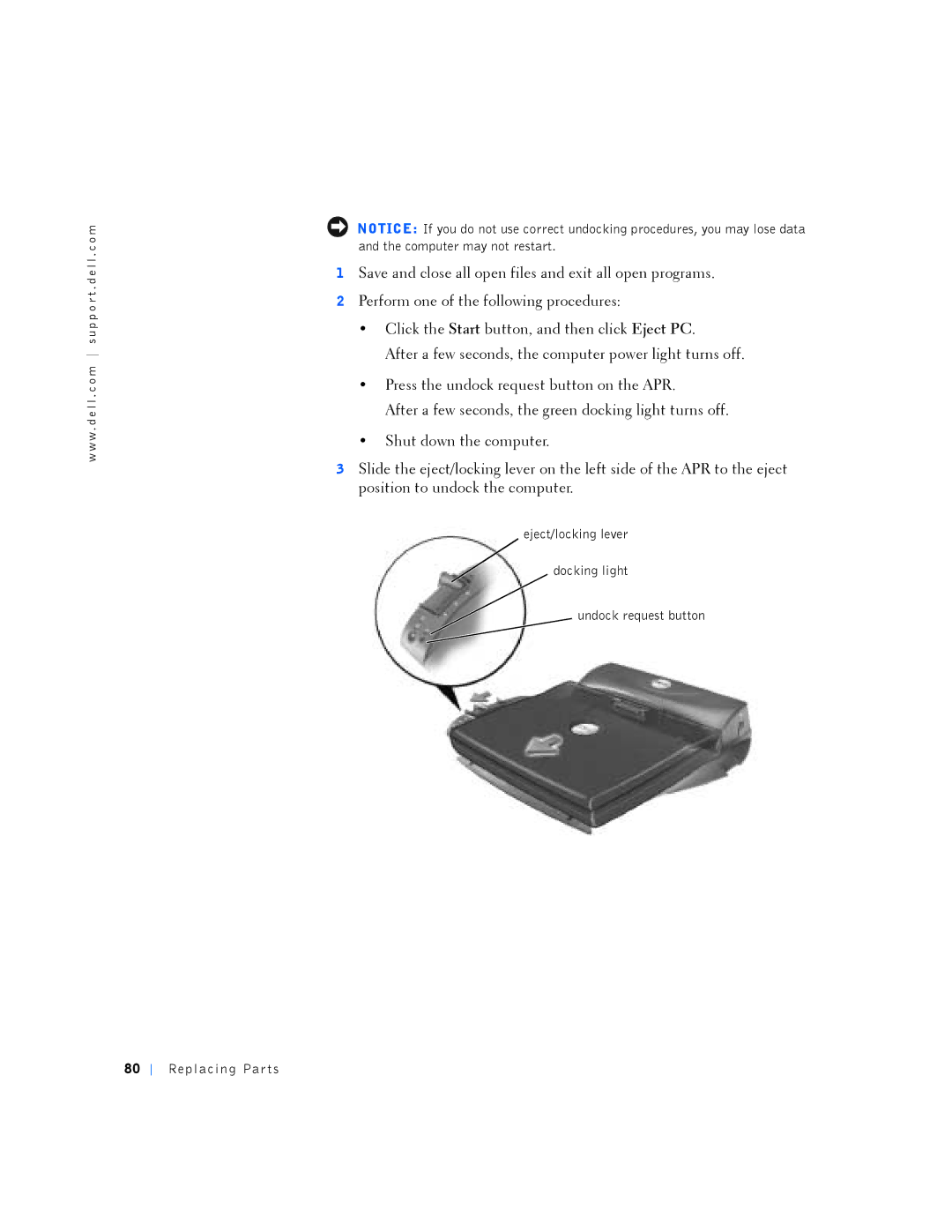 Dell PP01L manual Eject/locking lever Docking light Undock request button 