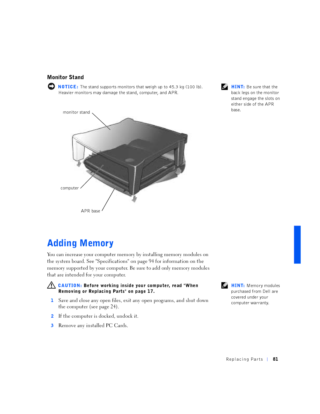 Dell PP01L manual Adding Memory, Monitor Stand 