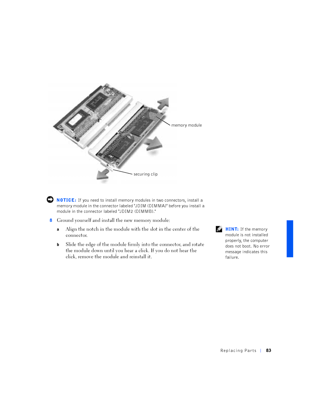 Dell PP01L manual Memory module Securing clip 