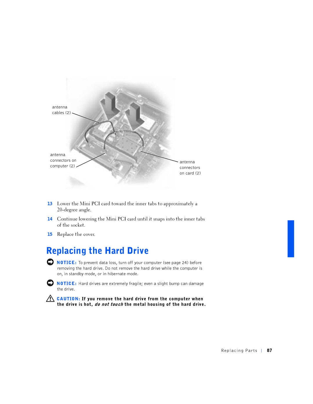 Dell PP01L manual Replacing the Hard Drive, Antenna cables Connectors on Computer 