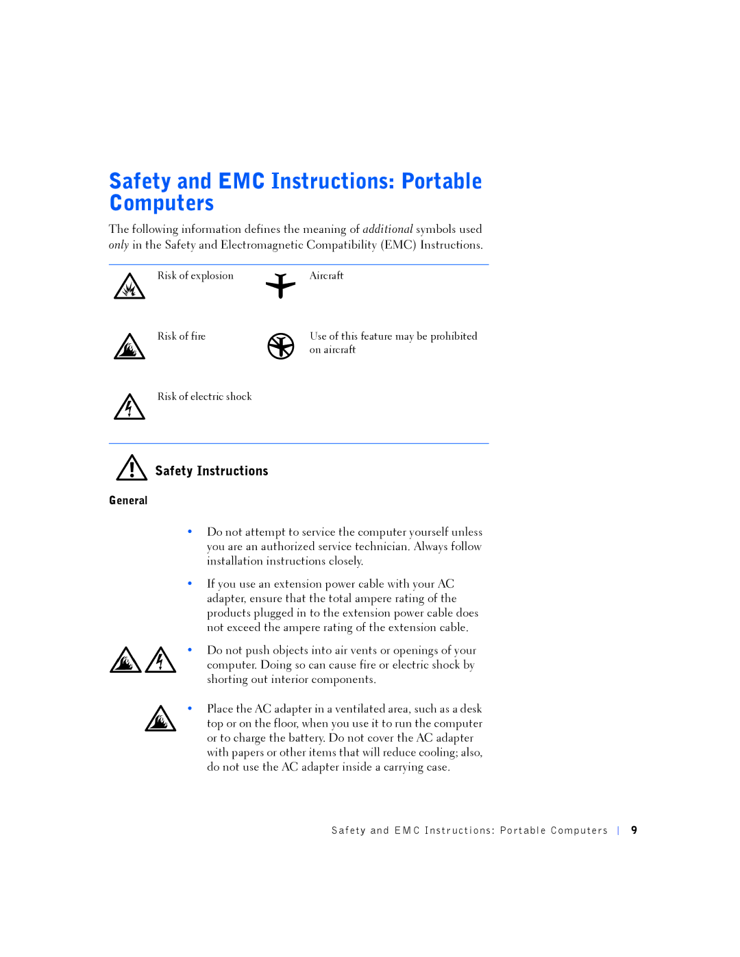 Dell PP01L manual Safety and EMC Instructions Portable Computers, Safety Instructions, General 