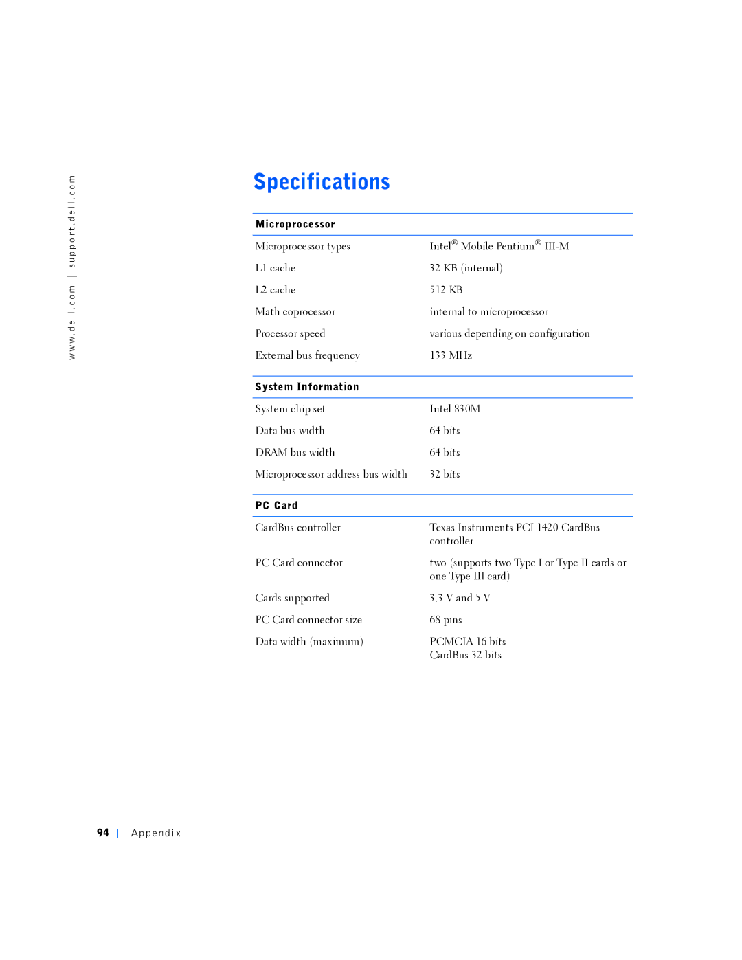 Dell PP01L manual Specifications, Microprocessor, System Information, PC Card, Ap pe nd i 