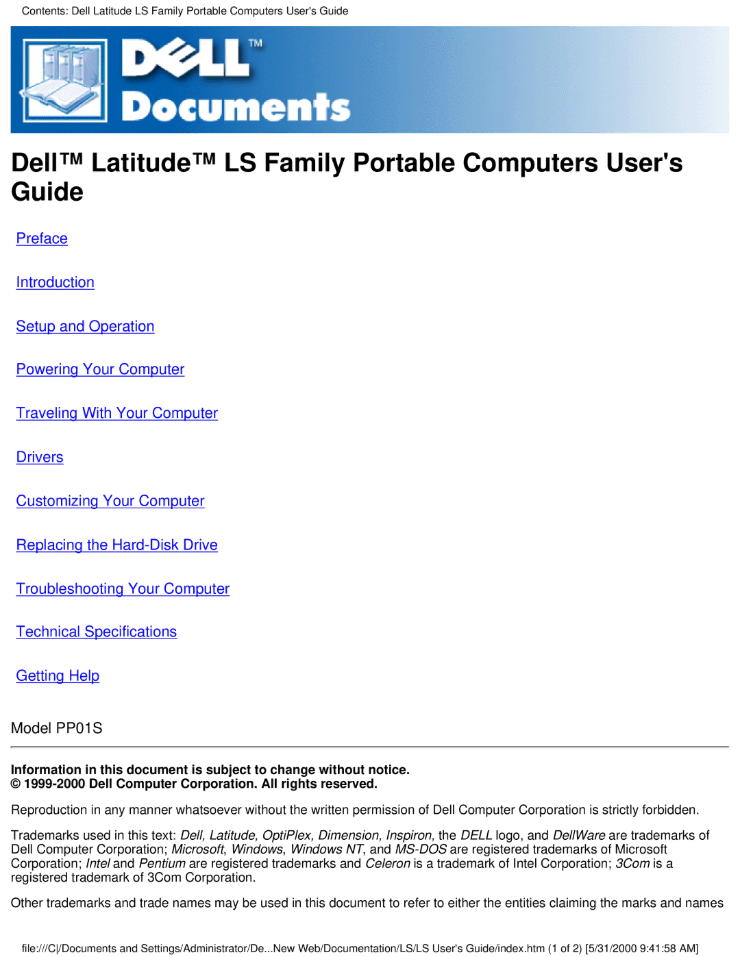 Dell PP01S technical specifications Dell Latitude LS Family Portable Computers Users Guide 