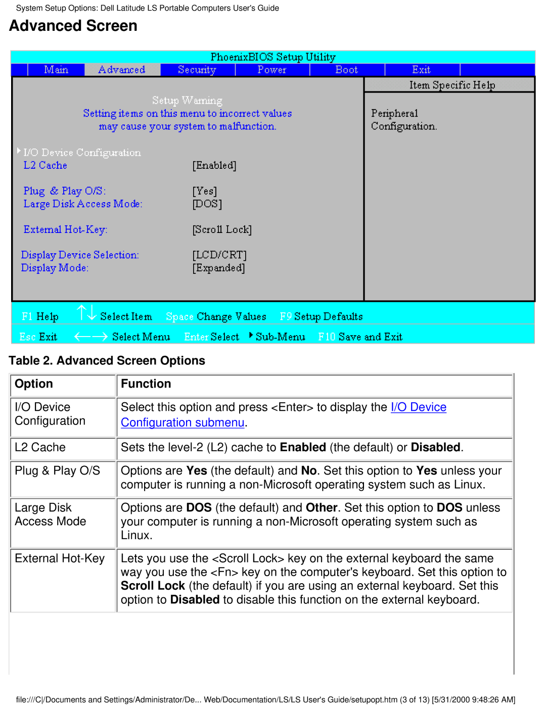 Dell PP01S technical specifications Advanced Screen 