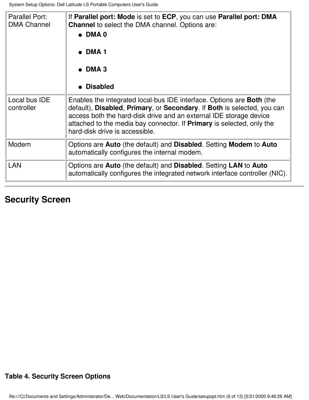 Dell PP01S technical specifications Security Screen 