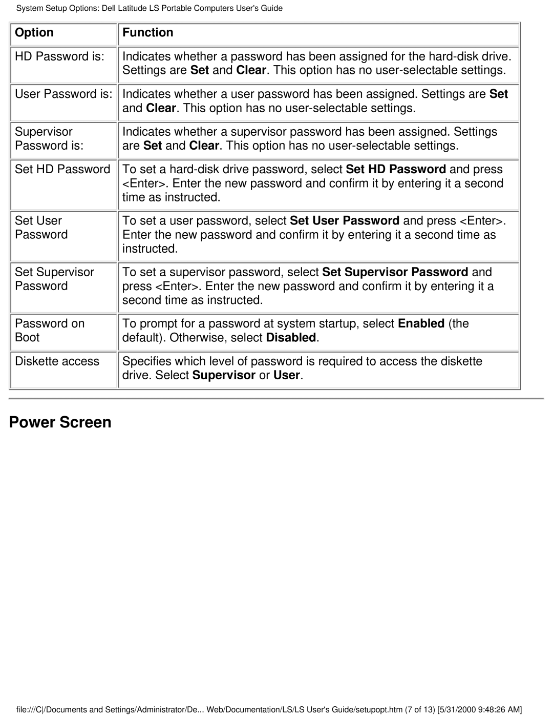 Dell PP01S technical specifications Power Screen 